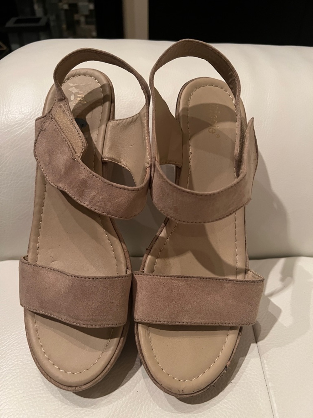 Nicole Taupe Suede Two-Strap Sandals